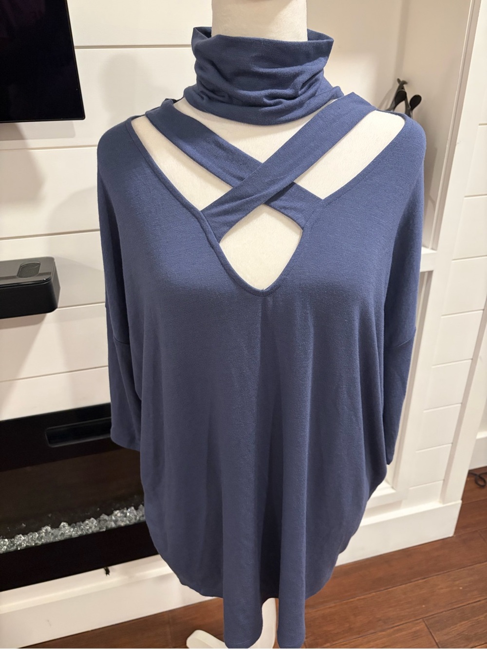 Cross-Front Turtleneck  Women's Top - Slate Blue